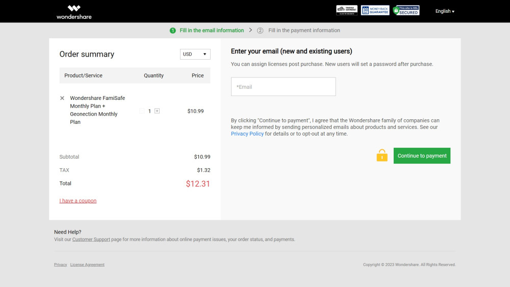 FamiSafe checkout page